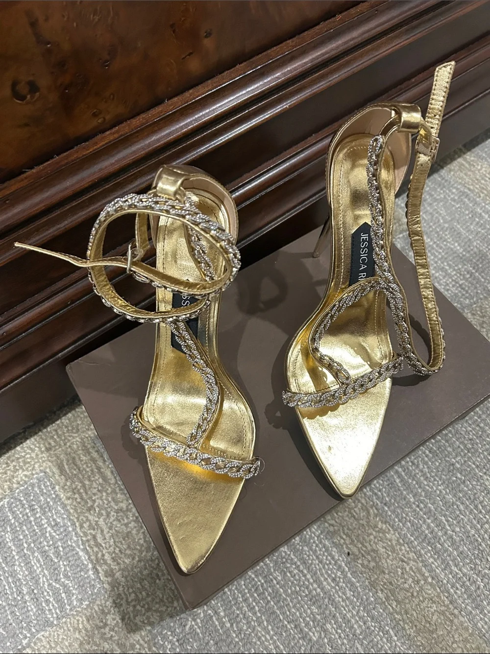 Jessica Gold Rhinestone-Strap Stiletto Sandals